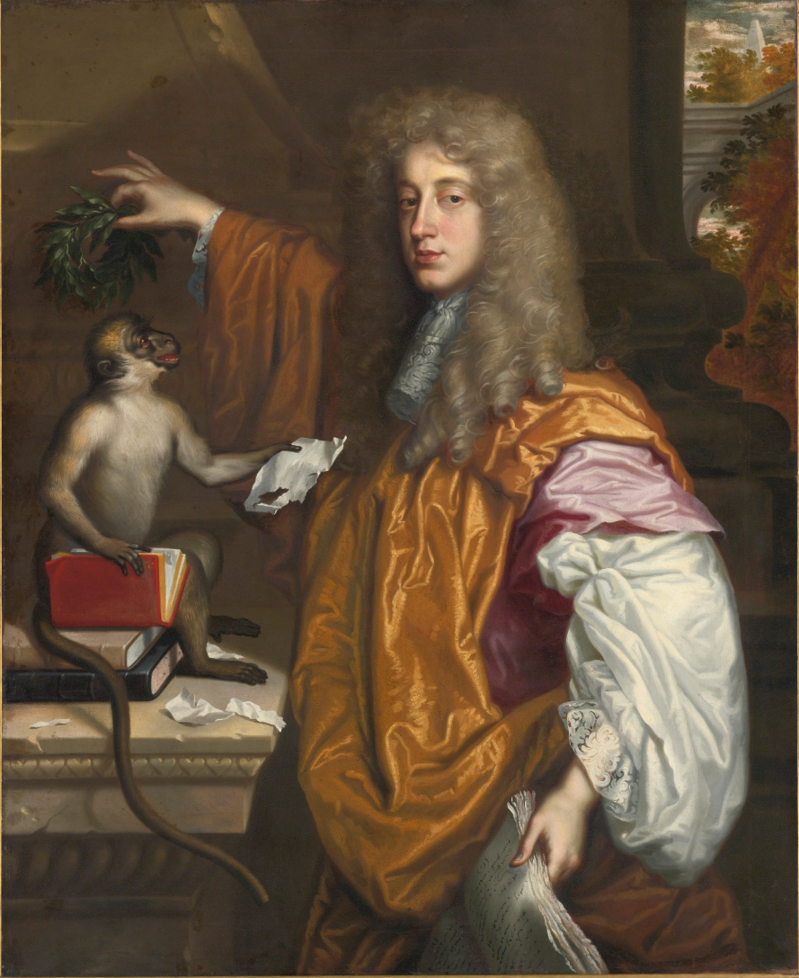 A sumptuously dressed man holds a laurel over a monkey, which has torn pages out of a book
