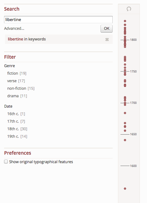 The word 'libertine' appears in texts spread out across the 16th through 19th centuries.