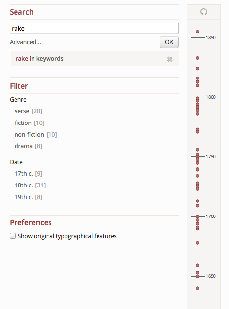 The word 'rake' appears in texts spread out across the 17th, 18th, and 19th centuries.