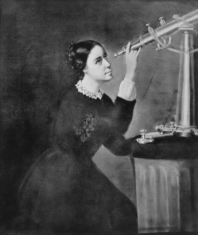 A nineteenth century woman studying something through a telescope